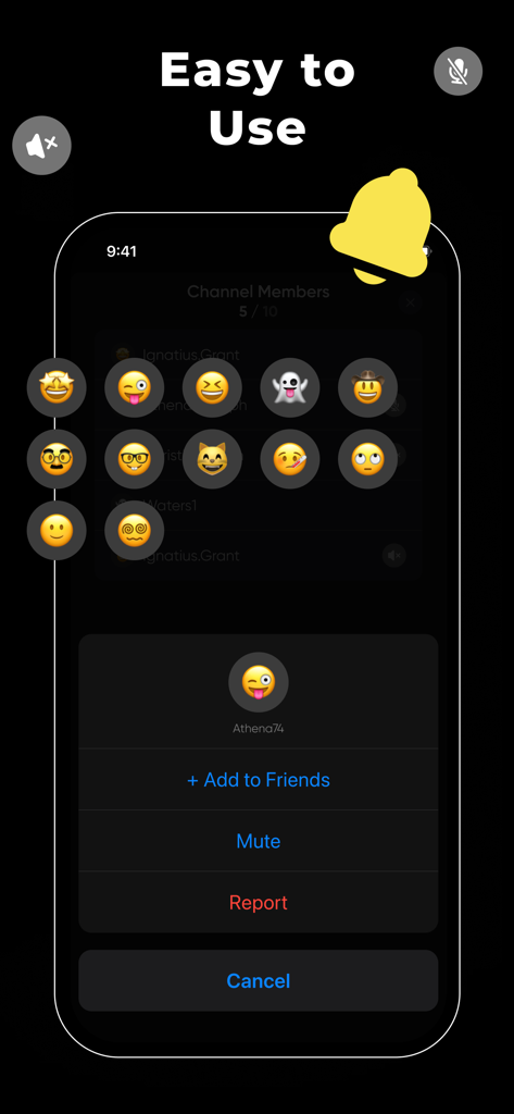 Interface of the Walkie-Talkie app showing channel members and a user interaction menu with friend and mute options.
