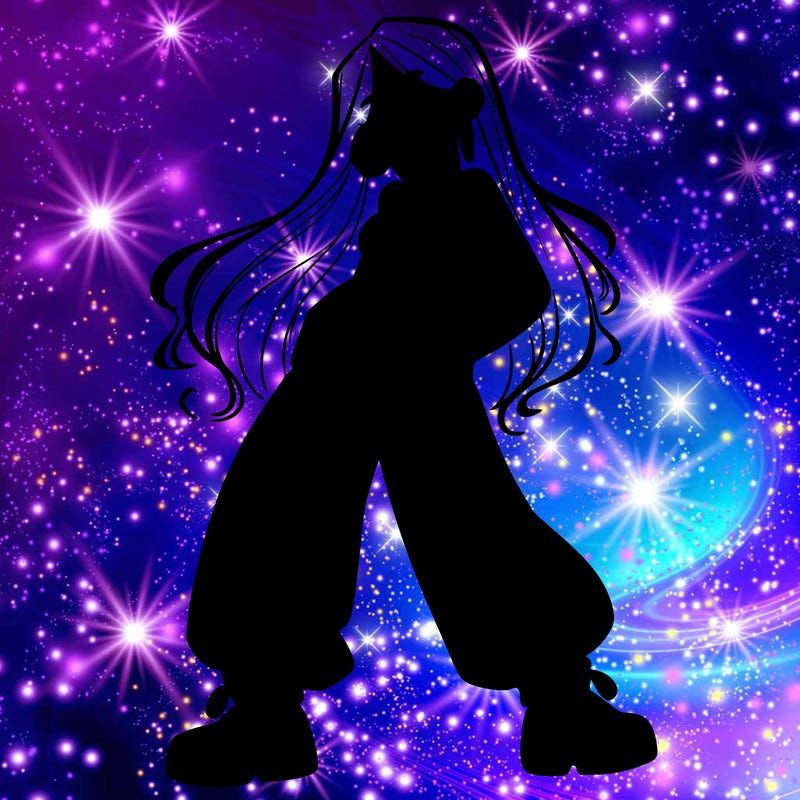 girl in baggy pants crop top and long hair