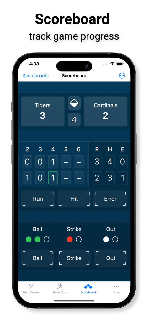 A digital baseball scoreboard interface on an iPhone tracking runs hits and errors for youth sports games