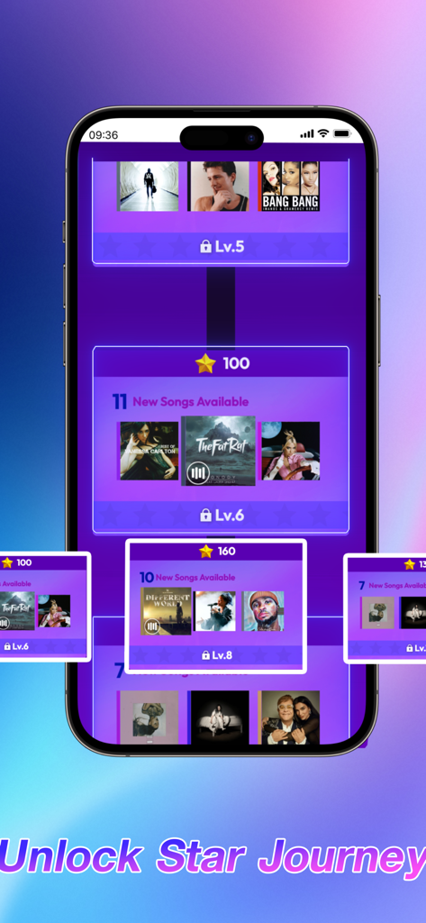 Rhythm Rush 2 mobile game interface showing the Star Journey path to unlock new songs and levels