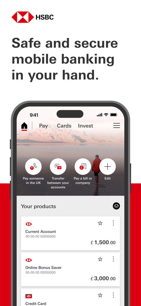 HSBC UK Mobile Banking - HSBC UKモバイルバンキングアプリのインターフェース。口座残高と支払いオプションが表示されています。