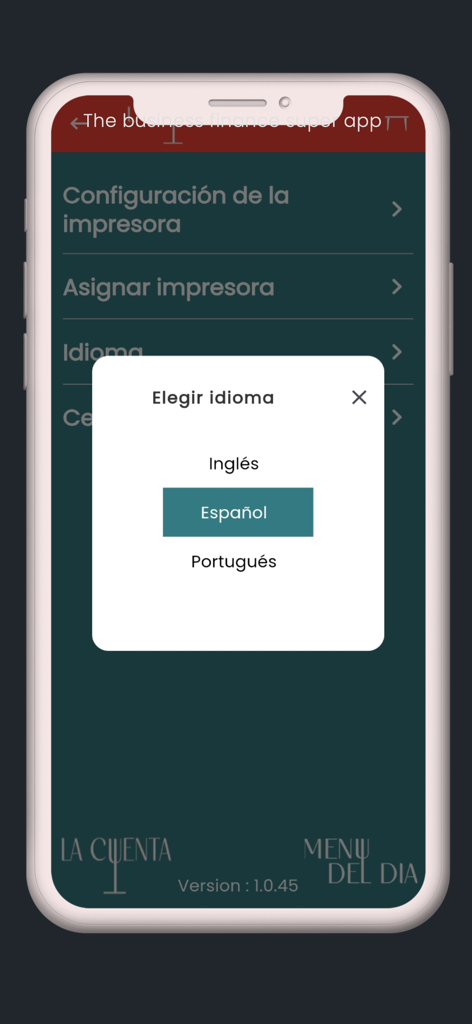 Language selection interface in the La Cuenta TPV app featuring English Spanish and Portuguese options