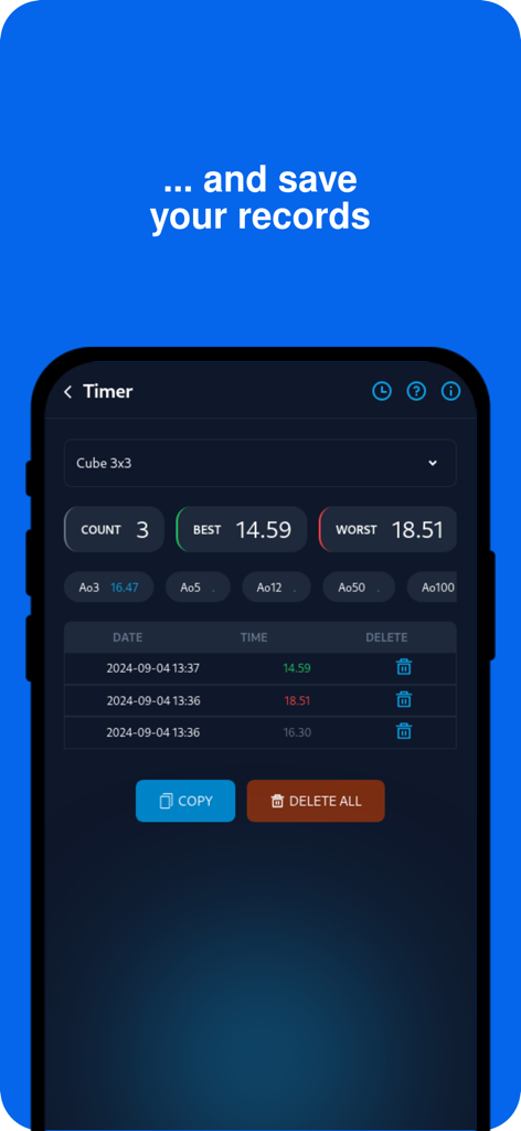 Interfaz de la aplicación Cube Solver 3D que muestra el cronómetro de speedcubing y los récords de resolución