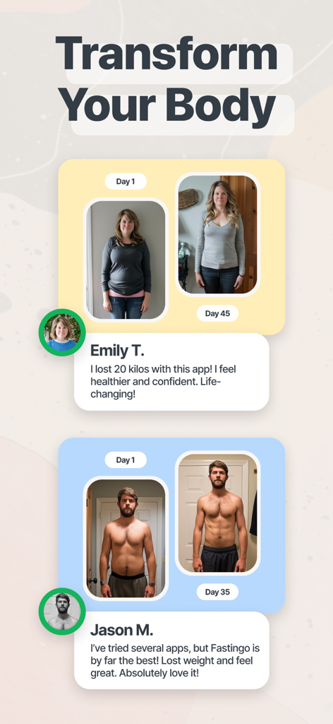 Fastingo: Intermittent Fasting - Fotos de transformación corporal antes y después y testimonios de usuarios de la app Fastingo