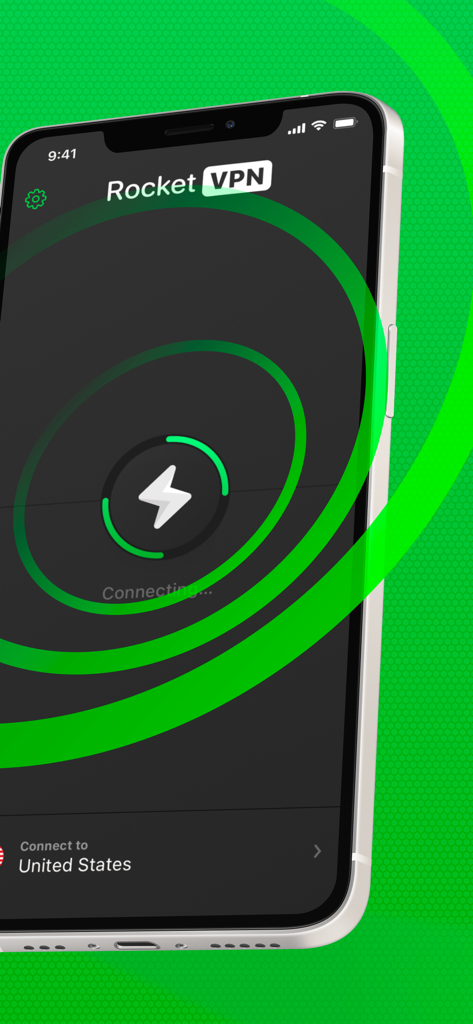 iPhone上のRocket VPNアプリのインターフェース。米国サーバーへの接続ステータスが表示されています。