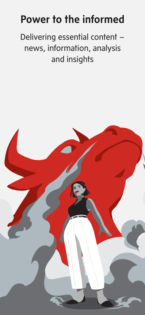 The Globe and Mail - The Globe and Mailアプリのイントロ画面。赤い雄牛のイラストと「Power to the informed」の見出しが特徴です。