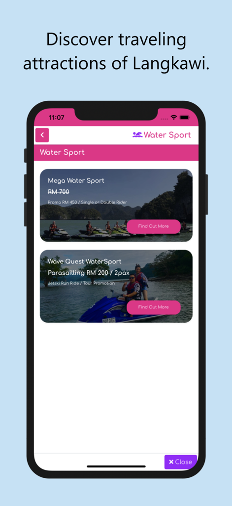 A mobile screen from the Cuti Cuti Langkawi app showcasing various water sport activities and local attractions.