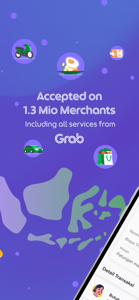 OVO app interface highlighting integration with Grab and 1.3 million merchants
