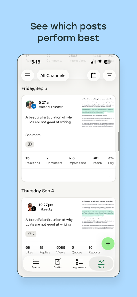 Buffer: Plan & Schedule Posts - A mobile app screen from Buffer showing engagement analytics for sent social media posts on LinkedIn and X.