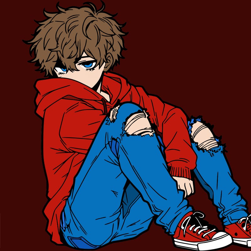 a male hoddie ripped jeans messy hair anime