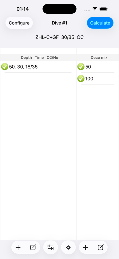 MultiDeco - MultiDeco mobile app interface for technical dive planning showing depth, time, and gas mix parameters