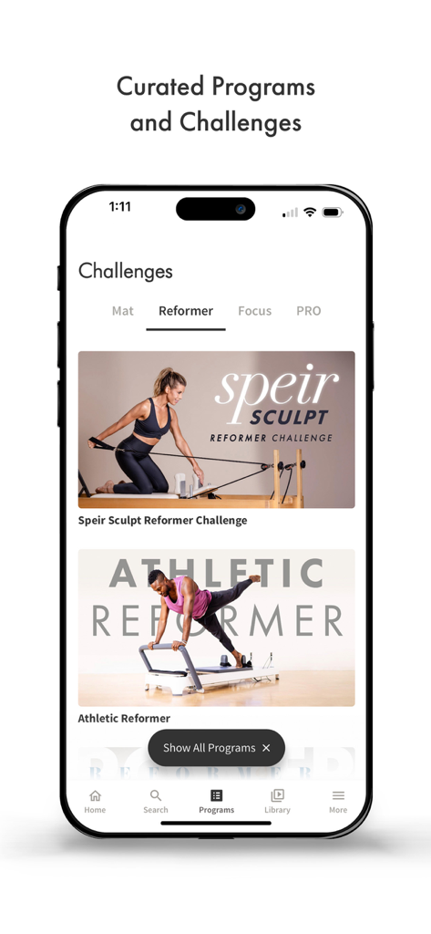 Pilates Anytime app interface showing curated reformer challenges and programs.
