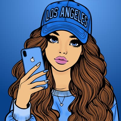 realistic beautiful girl wearing los ángeles cap holding an iphone
