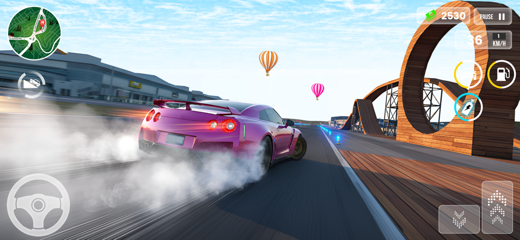 DriftLine: Urban Rush Car Game - A pink sports car performing a drift with tire smoke on a stunt track with wooden loops
