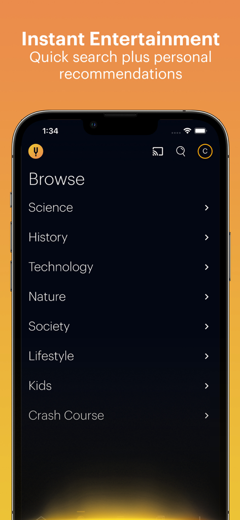 CuriosityStreamアプリのブラウズメニューに、科学、歴史、テクノロジーなどのドキュメンタリーカテゴリが表示されている。