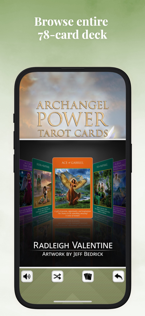 Archangel Power Tarot Cards - A mobile interface for the Archangel Power Tarot Cards app displaying a carousel of spiritual cards including the Ace of Gabriel