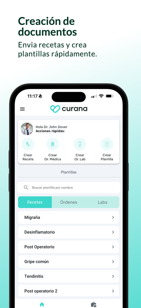 Curana - Curana app dashboard showing options to create medical prescriptions and lab orders