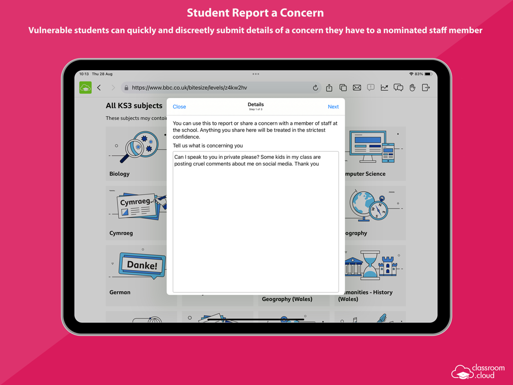 classroom.cloud Student - A student uses the classroom.cloud app on an iPad to discreetly report a concern to school staff.