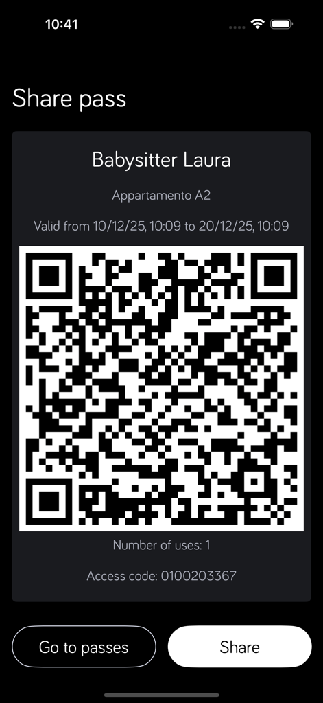 Urmet CallMe Uin - Interface do aplicativo Urmet CallMe mostrando um passe de acesso temporário por código QR para um convidado com detalhes de validade.