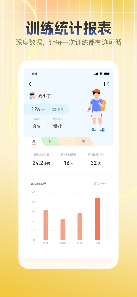 天天长高-专为青少年科学定制长高运动方案 - Growth tracking dashboard showing exercise statistics and height progress for a child