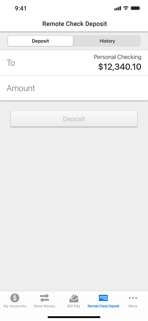 Clearview Mobile App remote check deposit screen showing personal checking balance and deposit amount field