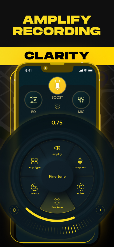 Ear Spy Apps - Super Hearing - Ear Spy app interface featuring audio amplification and fine-tuning controls for recording clarity