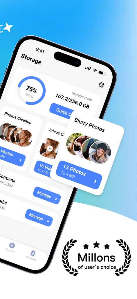 Panel de almacenamiento de smartphone para la aplicación Phone Cleaner que muestra el espacio utilizado y las opciones para eliminar fotos borrosas