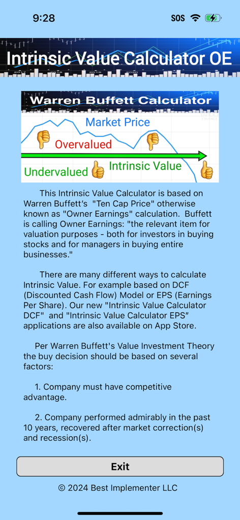 Intrinsic Value Calculator OE - Interfaz de la aplicación Calculadora de Valor Intrínseco OE que muestra la teoría de inversión de Warren Buffett y un gráfico de valoración de acciones.