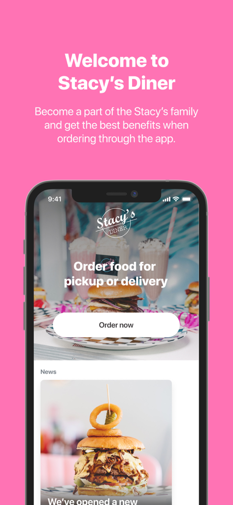 Stacy's Diner - Welcome screen of the Stacy's Diner mobile app featuring food ordering and loyalty benefits with a retro pink aesthetic