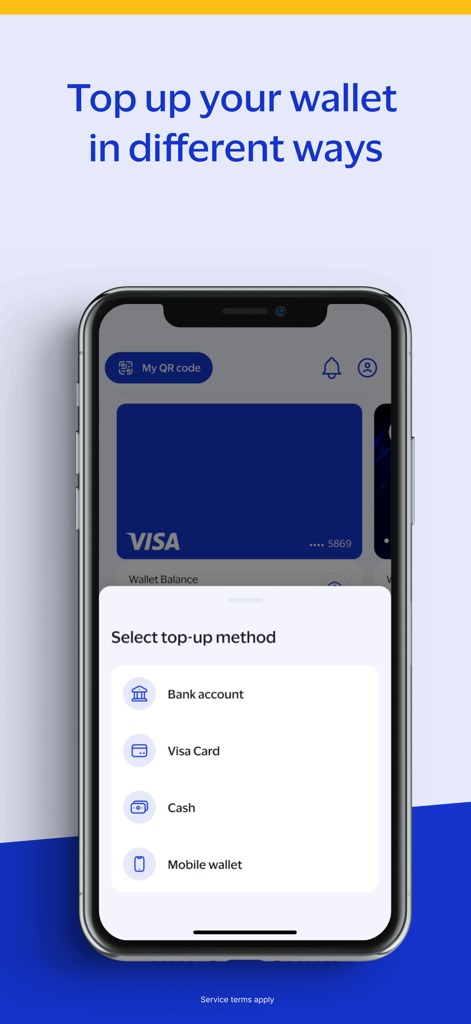 Interface do aplicativo Visa Pay mostrando várias maneiras de recarregar uma carteira digital, incluindo conta bancária e dinheiro.