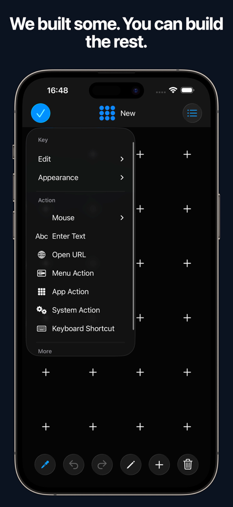 Remote, Mouse & Keyboard - iPhone screen showing the custom remote control layout builder with various action options like system actions and keyboard shortcuts