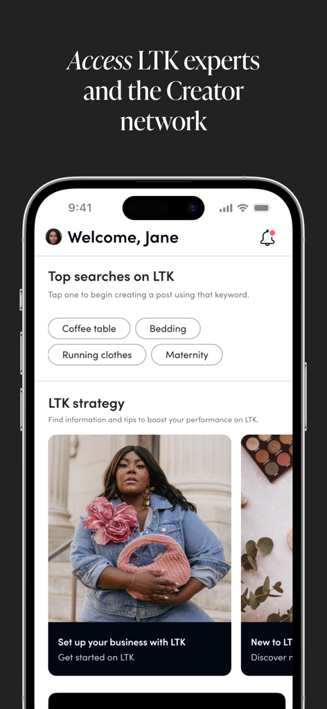 LTK Creator: Monetize Content - LTK Creator app dashboard featuring trending searches and creator strategy resources