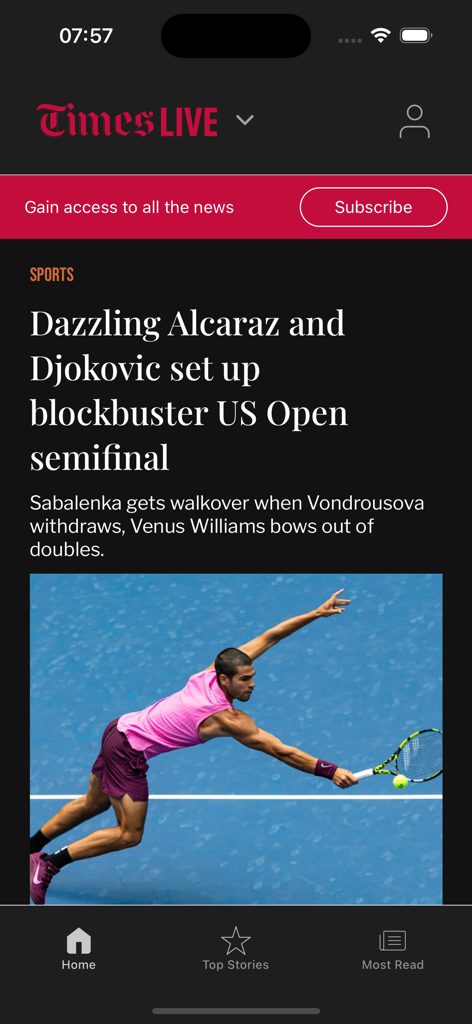 TimesLIVE - TimesLIVE mobile app interface showing a sports news headline about Alcaraz and Djokovic at the US Open with a tennis action photo.