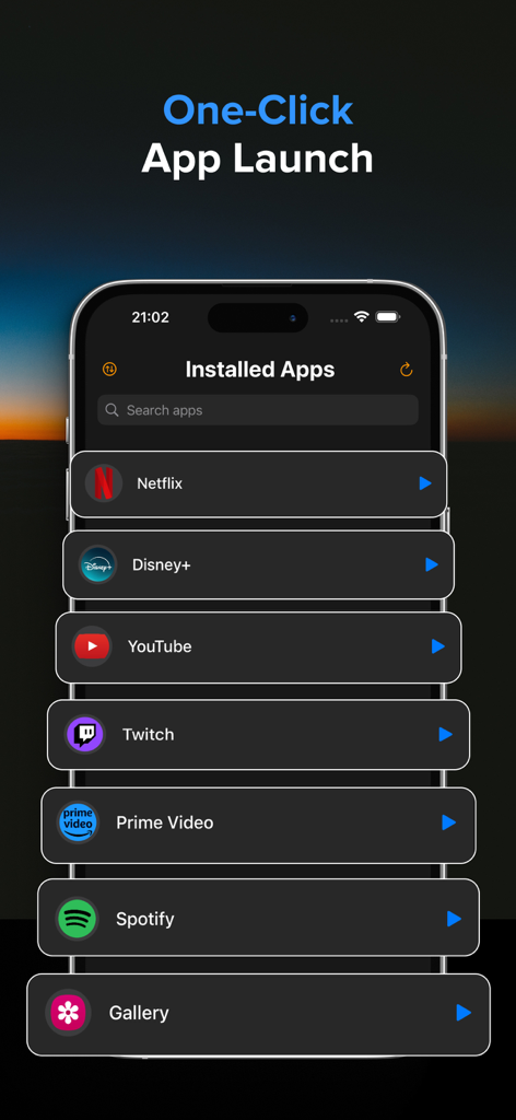 Control Samsung Smart TV - Interface do aplicativo de controle remoto Samsung TV mostrando uma lista de aplicativos de streaming instalados para lançamento com um clique.