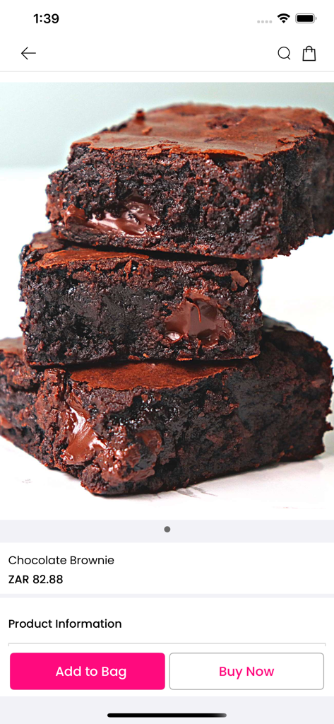 Plett Deliveries - Product page for a Chocolate Brownie on the Plett Deliveries app featuring a stack of brownies and Add to Bag button.
