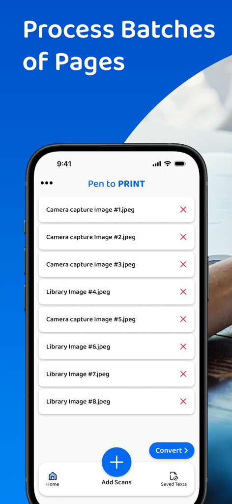 PenToPrint Handwriting to PDF - PDFに変換するためにバッチ処理の準備ができた複数のスキャン画像リストを表示するPenToPrintアプリのモバイルインターフェース