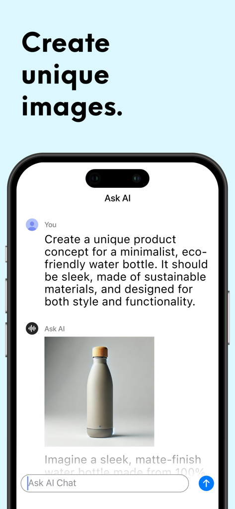 Um smartphone mostrando o aplicativo Ask AI gerando um conceito de imagem minimalista de uma garrafa de água a partir de um prompt de chat do usuário.