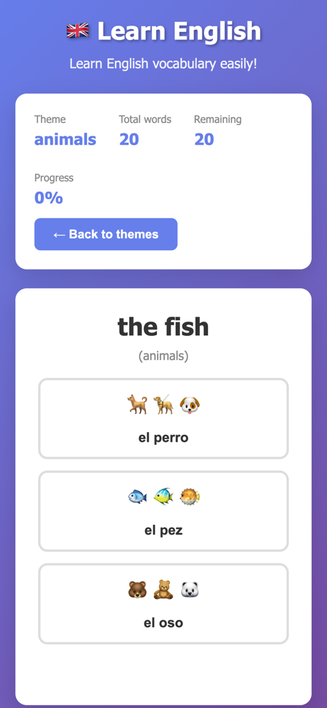 English Easy –Learn Vocabulary - English learning app screen with animal vocabulary quiz and Spanish translations.