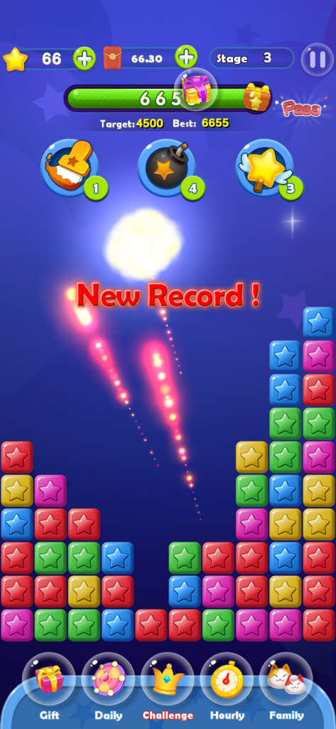 Star Killer - Pop no ads games - Star Killer puzzle game interface with colorful blocks and a new record announcement