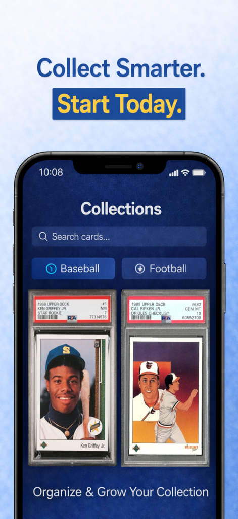 Sports Card Scanner Pro - Interface of the Sports Card Scanner Pro app displaying a digital collection of graded baseball and football cards.