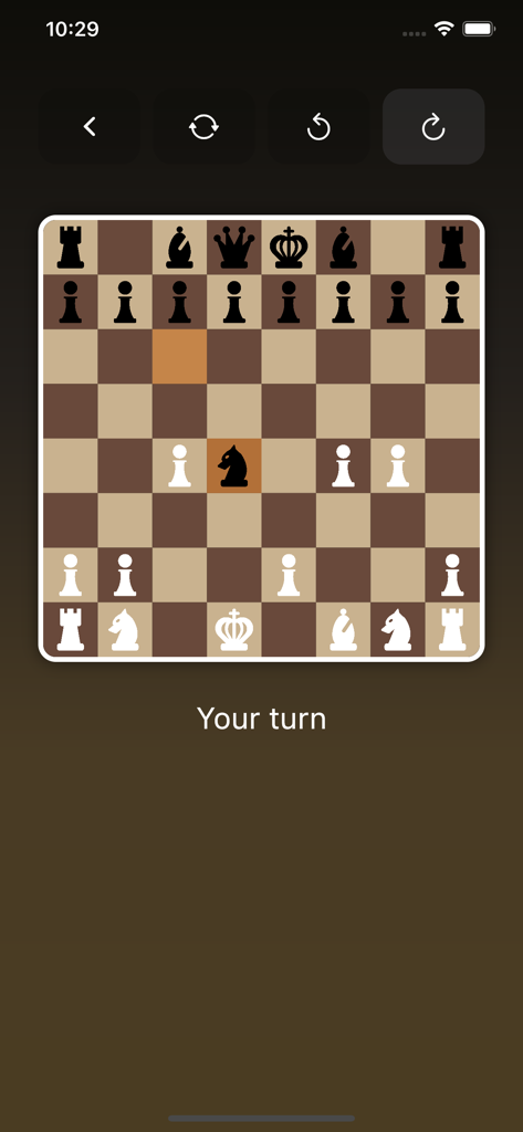 Chess Room: Play & Learn Chess - Mobile chess board interface in the Chess Room app showing a game in progress with a clean flat design