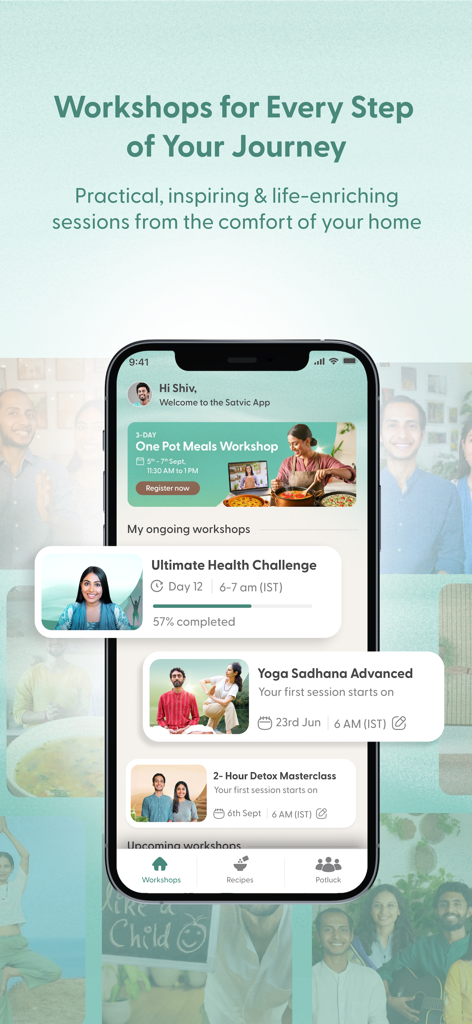 Satvic App - Satvic App interface showing a list of health and wellness workshops like Yoga Sadhana and Detox Masterclass on a smartphone.