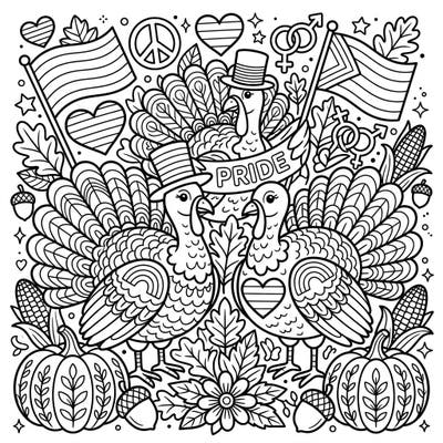 Unite festive Thanksgiving spirit with the joy of Pride in this unique coloring page. Featuring happy turkeys amidst a bountiful autumn harvest, adorned with symbols of love and diversity, it's perfect for celebrating both important occasions.