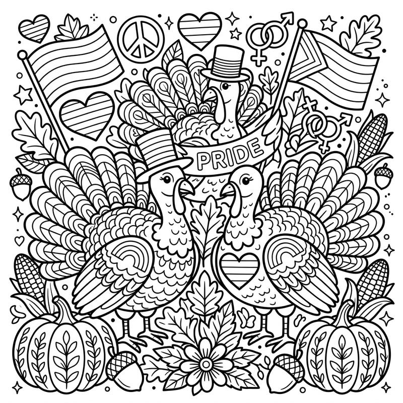 Unite festive Thanksgiving spirit with the joy of Pride in this unique coloring page. Featuring happy turkeys amidst a bountiful autumn harvest, adorned with symbols of love and diversity, it's perfect for celebrating both important occasions.