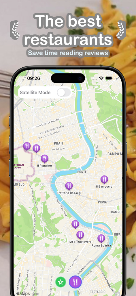 Rome History & Art Guide - Un smartphone que muestra un mapa de Roma con recomendaciones de restaurantes seleccionados y pines por toda la ciudad.