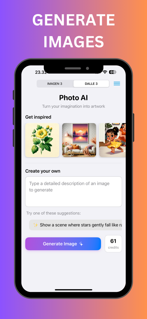 Photo AI: Image Maker - Interface of the Photo AI app showing the image generation screen with text prompt input and sample AI artwork