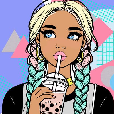realistic girl with braided hair drinking boba
