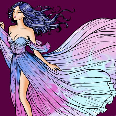 realistic woman in dress flowing the the wind