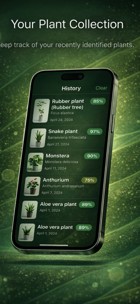 BotaniCam: AI Plant Identifier - Teléfono inteligente que muestra el historial de escaneo de plantas identificadas en la aplicación BotaniCam, incluyendo una planta de caucho y una planta serpiente con puntuaciones de confianza de IA