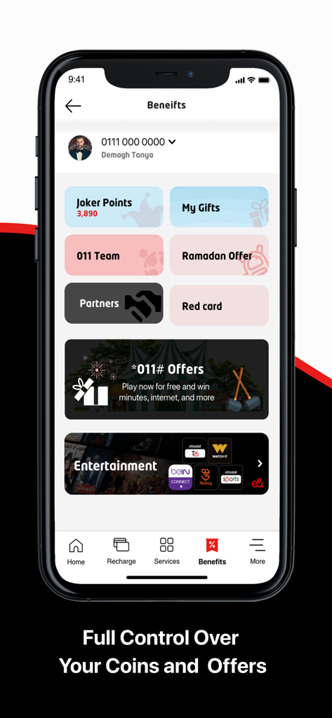 Tela de benefícios do aplicativo My e& Egypt mostrando pontos de fidelidade, presentes e ofertas especiais